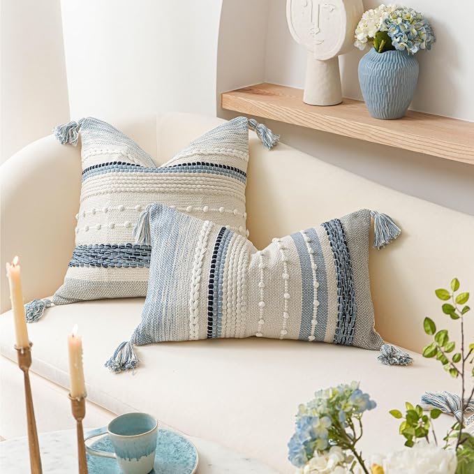 Coastal Blue Boho Decorative Throw Pillow Cover 22x22 Modern Bohemian Accent Pillow Case Square Woven Textured Farmhouse Pillows for Couch Bed (Pack of 1)