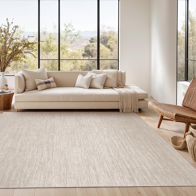 8x10 Area Rugs for Living Room, Large Washable Rug Non Slip, Beige | Soft Low Pile, Thin & Lighweight Carpet, Folable Stain Resistant Modern Indoor Floor Mat for Bedroom, Dining Room, Home Decor