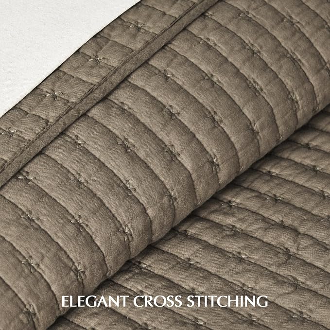 Cross Stitch Pre-Washed Cotton Quilt Bedding Set Queen Size, Oversized 3 Pieces Lightweight Bedspread Coverlet for All Season, with 2 Matching Shams, Mocha Brown Updated, 92"x96"