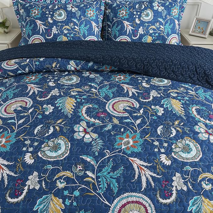 Quilt Set King Size, Bedspread Sets Blue Botanical Floral Patterns, Reversible Quilt Bedding Set Lightweight and Breathable for All Seasons, Soft Quilted Bedspread with 2 Pillow Shams