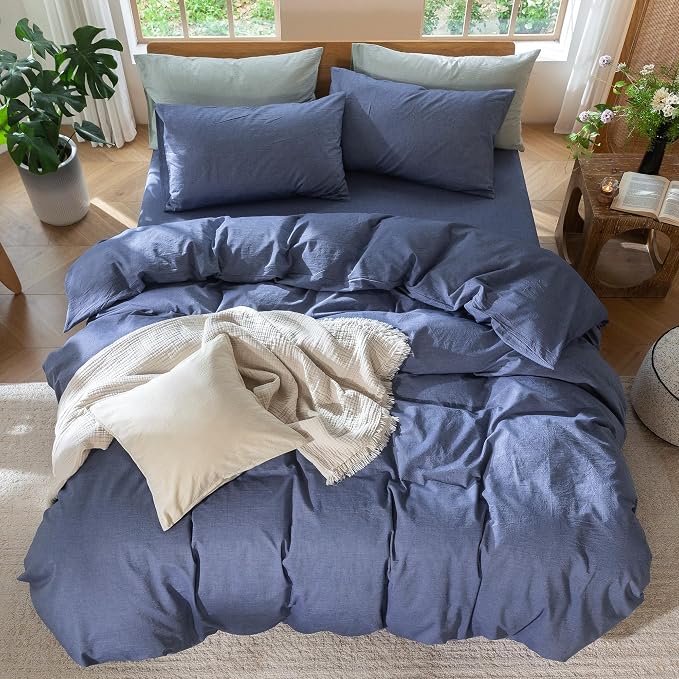 MooMee Duvet Cover Set 100% Washed Cotton Linen Like Cal King | Relaxed Linen-like Texture. Soft, Breathable & Long-lasting Comfort. Lightweight. Hidden Zipper with 8 Interior Corner Ties