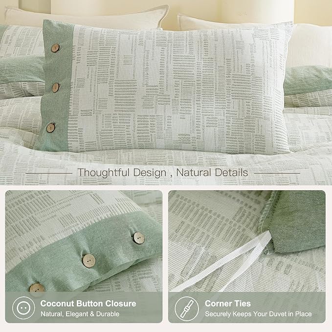 Oli Anderson 100% Egyptian Cotton Duvet Cover Twin Size, Green, 2 Pieces | Yarn Dyed Jacquard Textured Bedding Set, Striped Boho Design, Pre-Washed, Button Closure, Soft Breathable, All Season Comfort