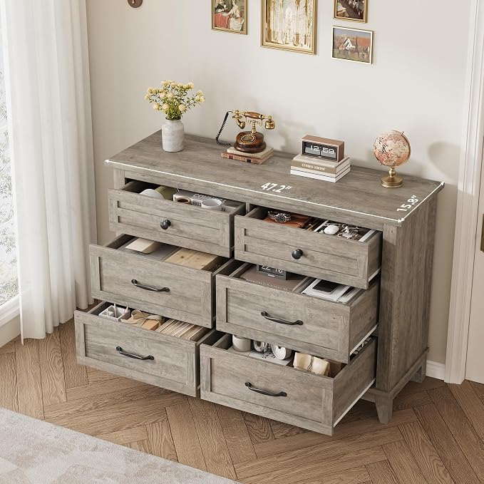 GarveeHome 6 Dresser for Bedroom, 47 in Wide Drawer Dresser with Storage Freestanding, Wooden Closet Storage Chest for Living Room, Bedroom, Entryway, Ash Grey