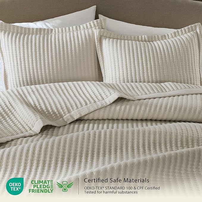 WDCOZY Beige Queen Size Quilt Set, Striped Pick Stitch Bedspread | Lightweight Soft Channel Coverlet, Spring Summer Thin Comforter, Farmhouse Rustic Country Bedding