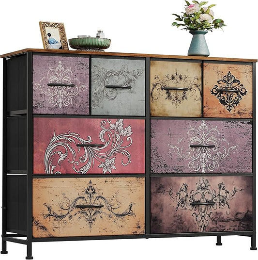 WLIVE Wide Dresser for Bedroom, 8 Drawer Chest of Drawers, Pattern | 8 roomy fabric drawers, Wide storage design, Bedroom or closet use, Sturdy steel frame, Smooth wood tabletop