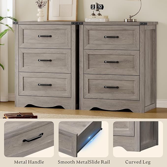BORNOON 3-Drawer Dresser for Bedroom, Small Wooden Chest of Drawers with Metal Handles, Narrow Storage Cabinet with Anti-Tipping Design, Sturdy Dresser Organizer for Closet, Living Room, Entryway