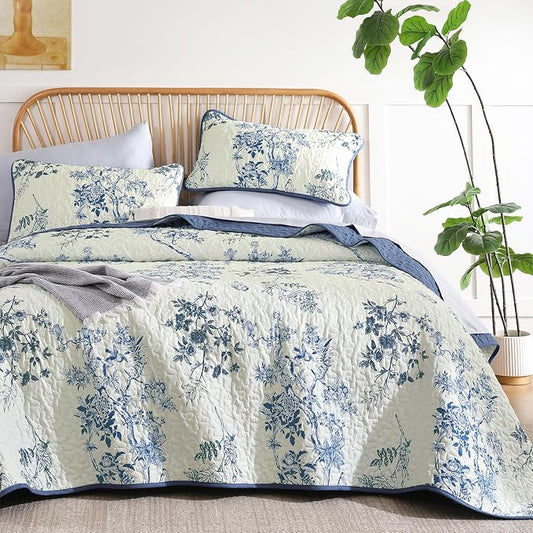 WONGS BEDDING Floral Quilt Set Queen,3 Pcs Blue Bedspreads Coverlets Set | Spring Summer Floral Farmhouse Bedspread with 2 Shams,Soft Microfiber Lightweight Coverlet for All Season 96"×90"