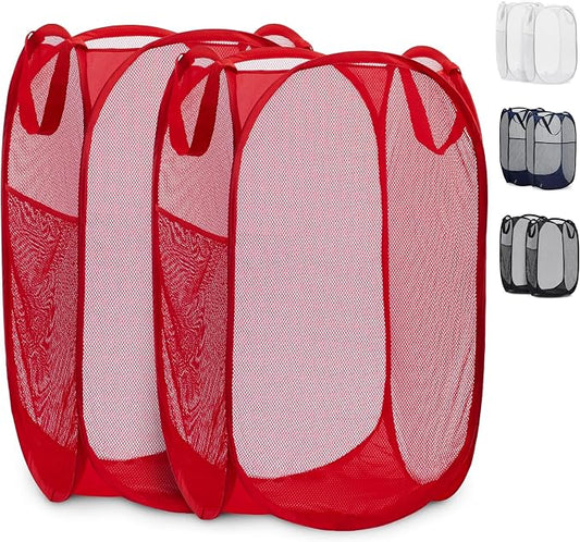 Handy Laundry Collapsible Mesh Pop Up Laundry Hamper 2-Pack – Space-Saving, Breathable Basket with Wide Opening & Side Pocket, Durable & Foldable for Clothes, Storage, Travel, Dorm, Red