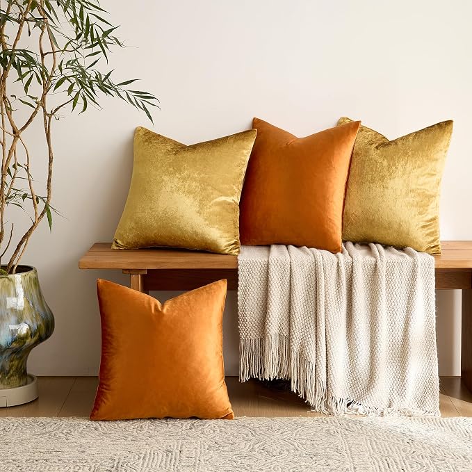 GIGIZAZA Pack of 4 Decorative Velvet Pillow Covers 20x20 Orange Gold | Throw Pillows for Couch Sofa,280gsm Soft Textured Fabric,Modern Accent Pillowcases,Luxury Living Room Cushion Covers