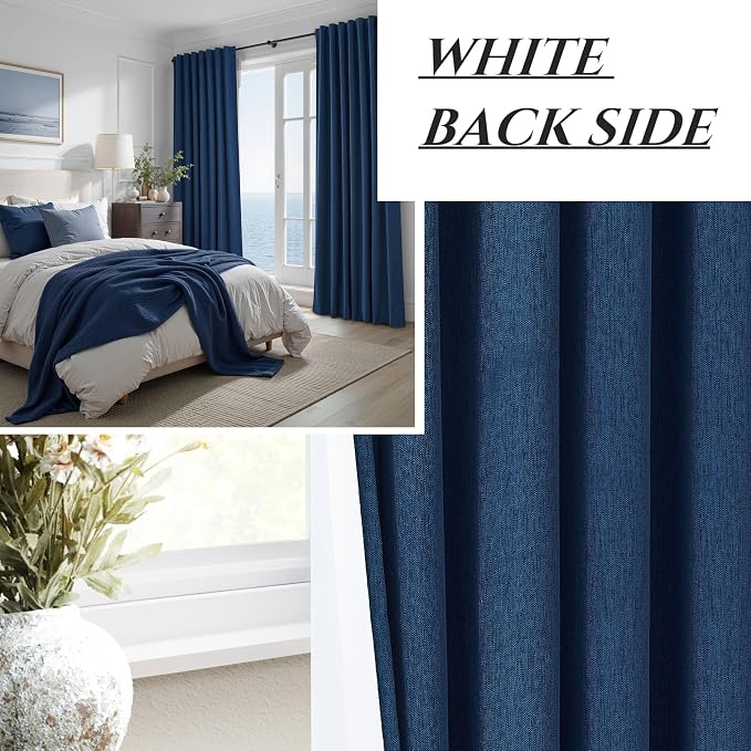 Navy Blue Blackout Curtains 96 Inch Length for Kids/Boys Rooms/Bedroom, Floor to Ceiling Track Pleated Drapes with Hooks Linen Thermal Coastal Curtain Dark Blue Window Burg 50"Wx96"Lx 2Panels Back Tab