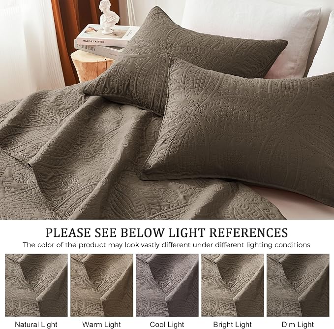 akkialla 118"x106" Mocha Brown California King Quilt Set, Oversized Floor-Length Bedspread, Modern Coin Pattern Microfiber Coverlet, 3-Piece All Season Bedding with 2 Pillow Shams