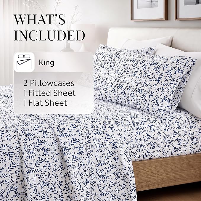 Linen Market 4 Piece King Sheet Set - Breathable, Double-Brushed Patterned Cooling Sheets – Oeko-TEX Certified Ultra Soft & Wrinkle-Free 16" Deep-Pocket King Sheets - Easy Care Burst of Vines Navy