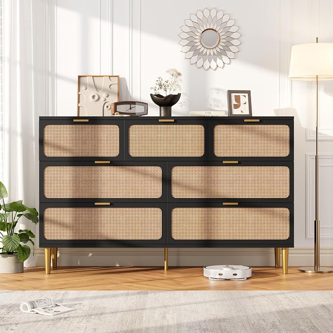 GarveeHome Rattan 7 Drawer Dressers for Bedroom, Deep Drawer, Black | Tall Dresser, Wide Top, for Living Room, Hallway, Kids Room, Large Chest of Drawers for Closet, Long Wooden Dresser