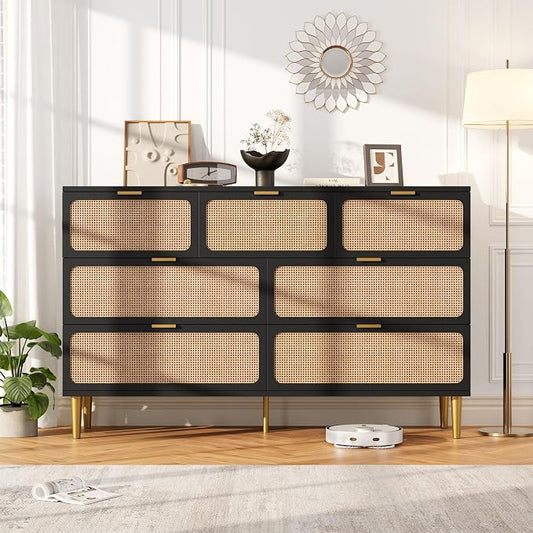 GarveeHome Rattan 7 Drawer Dressers for Bedroom, Deep Drawer, Black | Tall Dresser, Wide Top, for Living Room, Hallway, Kids Room, Large Chest of Drawers for Closet, Long Wooden Dresser