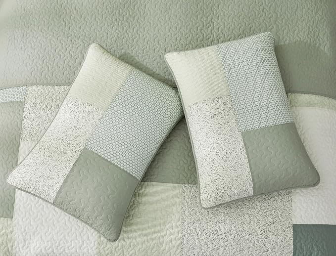 Chezmoi Collection Elm 3-Piece Chic Patchwork Quilt Set - Green Floral Striped Coverlet - Pre-Washed Cotton Lightweight Reversible Bedspread, Queen Size