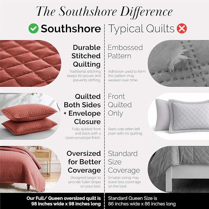 Southshore Fine Living, Inc. Queen/Full Size Quilt Bedding Set with 2 Pillow Shams, Soft Comfy Queen Coverlet/Full Size Bedspread, Machine Washable, Easy Care, Oversized for Total Coverage, Marsala