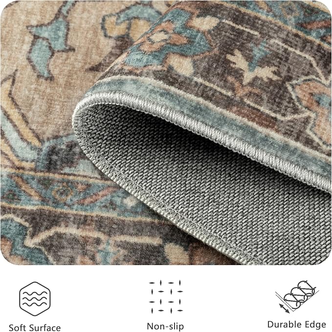 8x10 Area Rugs, Vintage Retro Soft Washable Rug, Non-Slip Low Pile Rugs for Living Room, Bedroom, Dining Room, Stain Resistant Home Decor Rug (Vintage Olive Green)