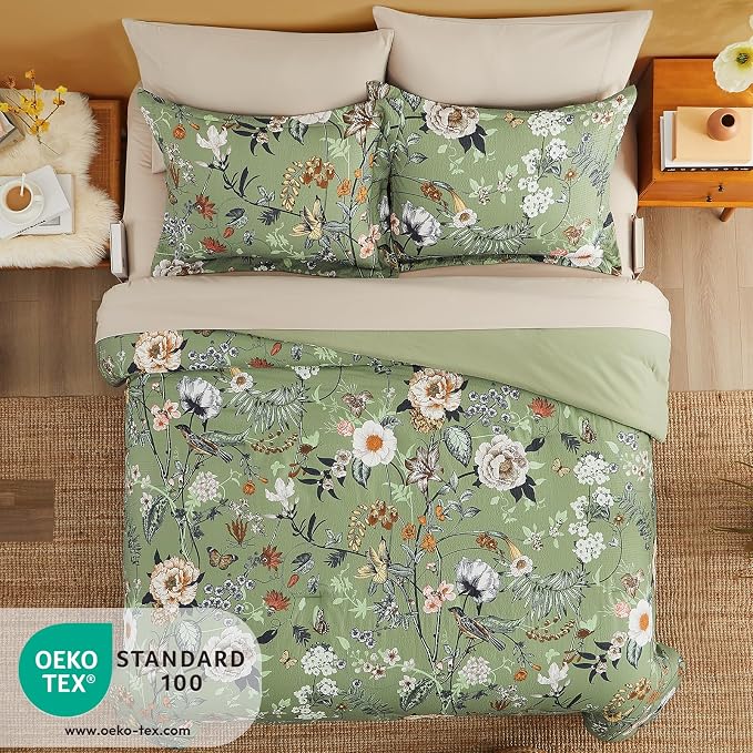 Queen Comforter Set - 7 Pieces Soft Floral Bed in a Bag Queen Bedding Sets | Green Botanical Texture Flowers Comforter Set with Sheets, Pillowcases & Shams for All Seasons