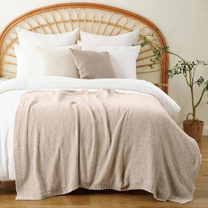Beige Throw Blanket for Couch, Soft Chenille Throw Blanket 51"x67" | Shiny Oatmeal Chenille Blanket, Breathable & Midweight Knit Throw Blanket, Neutral Throw for Bed Sofa Home Decor