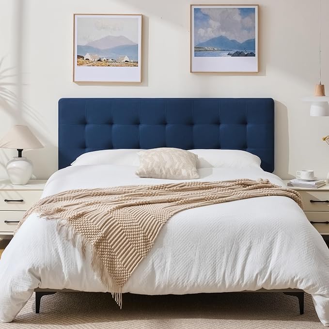 Linen Stitched Tufted King Headboard, Adjustable Height 37.2-42.3 in, Blue | Wood Twin Headboard Only, Padded Support for Reading, Relaxing or Working in Bed, Stable Non-Slip Design, Fits Bed Frame