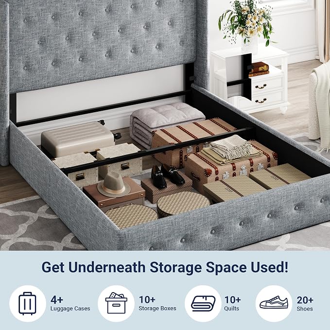 Allewie Queen Size Lift Up Storage Button-Tufted Bed Frame Blue Grey | Modern Wingback Headboard, Hydraulic Support Storage, No Box Spring Needed
