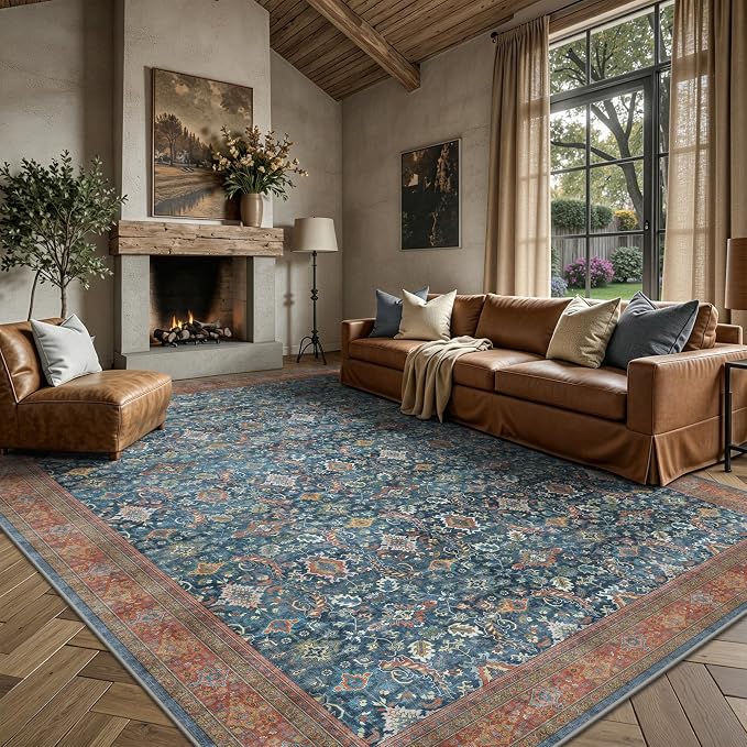 6x9 Area Rugs - Washable Vintage Retro Living Room Rug, Soft Ultra Thin Non Slip Low Pile Traditional Distressed Boho Carpet for Bedroom Dining Room Nursery Home Office, Navy Rust