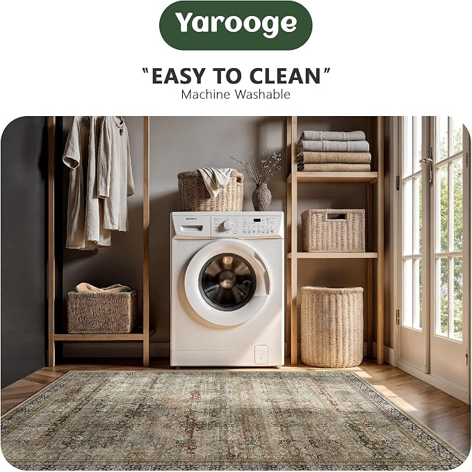 2x8 Hallway Runner Rug, Washable Vintage Retro Long Runner Rugs for Kitchen Laundry, Soft Ultra Thin Non Slip Low Pile Traditional Distressed Boho Carpet for Bedroom Bathroom, Charcoal Olive