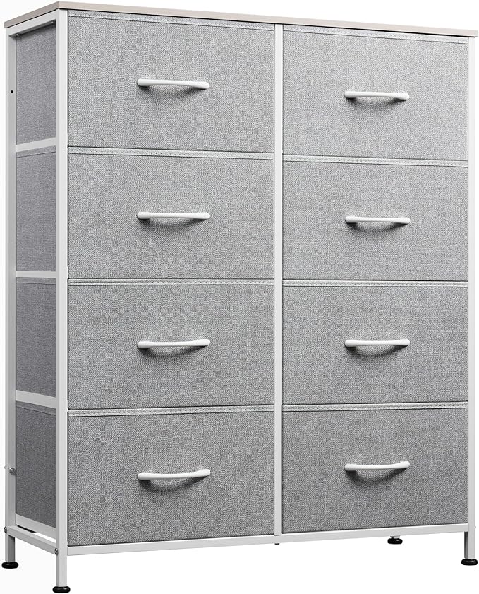 WLIVE Fabric Dresser for Bedroom, Tall Dresser with 8 Drawers, Storage Tower with Fabric Bins, Double Dresser, Chest of Drawers for Closet, Playroom, Dormitory, Light Grey | 8-drawer tall storage tower with fabric bins and wood tabletop, breathable non...