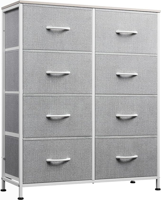 WLIVE Fabric Dresser for Bedroom, Tall Dresser with 8 Drawers, Storage Tower with Fabric Bins, Double Dresser, Chest of Drawers for Closet, Playroom, Dormitory, Light Grey | 8-drawer tall storage tower with fabric bins and wood tabletop, breathable non...