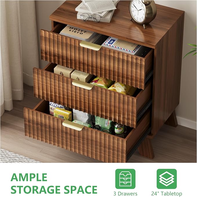 Xixini Fluted Dresser for Bedroom with 3 Drawers, 24" Wide Modern Chest of Drawers with Metal Handle, Wooden Dresser TV Stand, Wood Closet Clothes Storage Organizer for Living Room, Hallway, Walnut