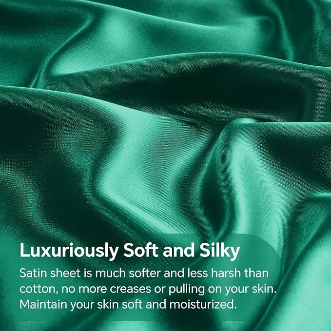 BEDELITE Satin Sheets Full Size Bed Set, Dark Green, 4 Pieces | Luxury Silky Bed Sheets, 15 Inch Deep Pocket, Similar to Silk, Soft and Cooling, Reduces Friction, Gentle on Hair and Skin
