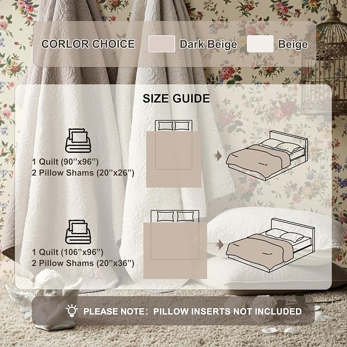 WDCOZY Dark Beige 100% Cotton Quilt Twin Size Bedding Sets with 1 Pillow Shams, Floral Rosette Lightweight Bedspread Soft Farmhouse Patterned Coverlet Quilted Comforter Bed Cover All Season, 2 Pieces