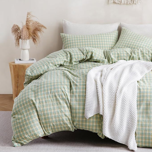 TOCOMOA Plaid Duvet Cover Set 100% Washed Cotton Like Linen, Queen | Linen-Like Feel Soft, Breathable & Comfy for All Season. Green & Yellow Bedding Set with Zipper & 8 Ties. 3 Pcs, No Insert
