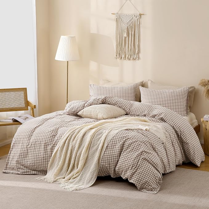 TOCOMOA Tan Gingham Duvet Cover Bedding Set Washed Cotton Like Linen, King | 100% Washed Cotton Linen-Like Feel Soft, Breathable & Comfy. Fall Vintage Farmhouse Decor, Zipper & 8 Ties. 3 Pcs, No Insert