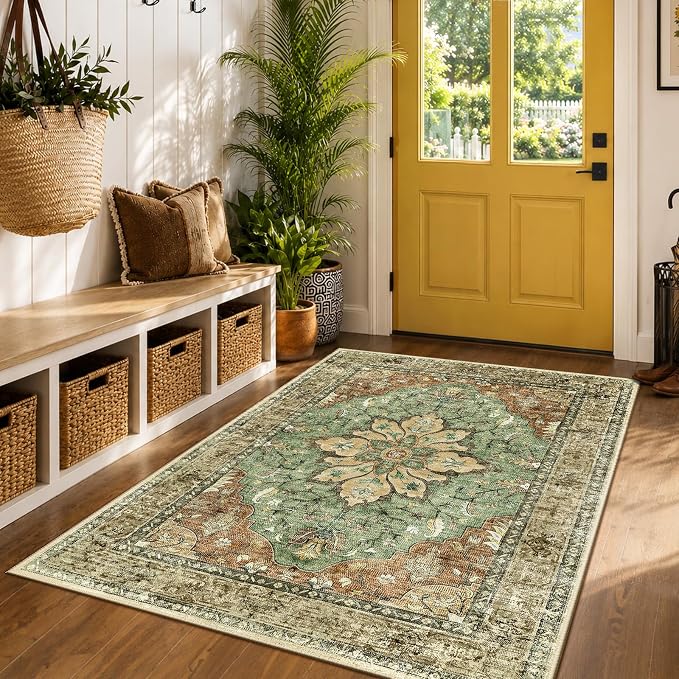 RELEANY Washable Area Rug, 4'x6', Brick/Brown/Green | Non-Slip, Water Repellent, Pet Friendly, Easy to Clean, Vintage Floral Boho Decor for Living Room Bedroom Kitchen Office