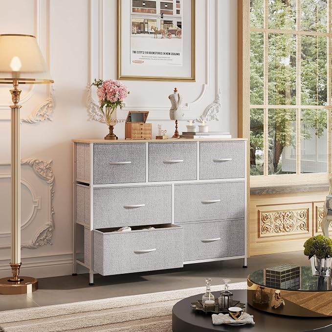 WLIVE Dresser for Bedroom, 7 Drawers, TV Stand, Light Grey | 7 roomy fabric drawers, Fits TVs up to 45 inch, Bedroom or living room, Wide storage design, Chest of drawers