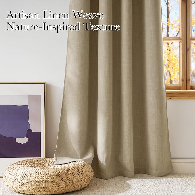 NICETOWN Short Faux Linen Oatmeal Blackout Curtains W42 by L63 | Privacy Panels for Living Room Bedroom, Modern Farmhouse Style, Easy Care, Grommet Top, 2 Panels