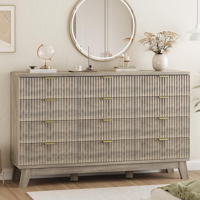 Xixini Fluted Dresser for Bedroom with 12 Drawers, 57" Wide Modern Chest of Drawers with Metal Handle, Wooden Dresser TV Stand, Wood Closet Clothes Storage Organizer for Living Room, Hallway, Grey