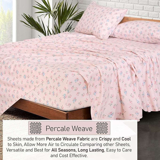 RUVANTI 100% Cotton Percale Sheets King Size, Spring On | Crisp Cooling, Deep Pocket 16", Soft Breathable & Durable, Hotel-Style, 4 Piece Set