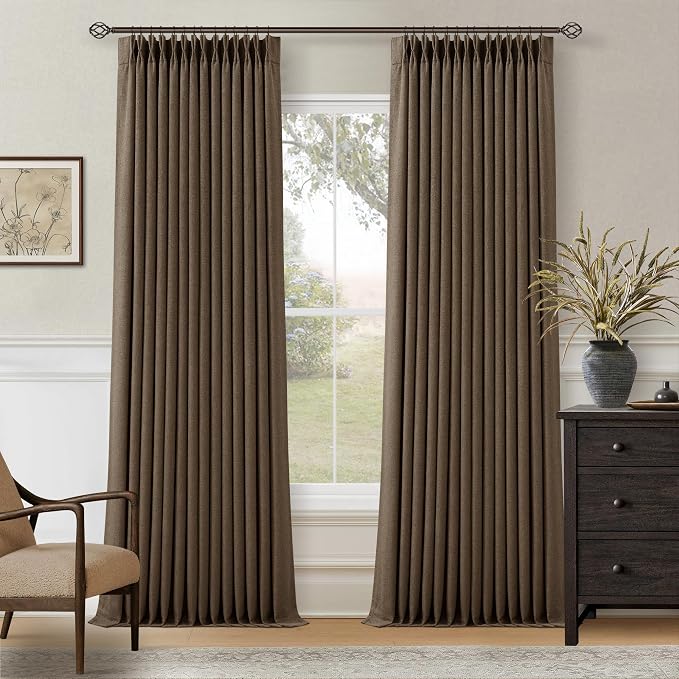 86 Inch Brown Pleated Linen Black Out Memory Trained Curtains with Liner | 100% Blackout Window Curtains, for Bedroom Living Room, Farmhouse Rustic, Pinch Pleat with Back Tab, Dutch Cocoa 2 Panels Set
