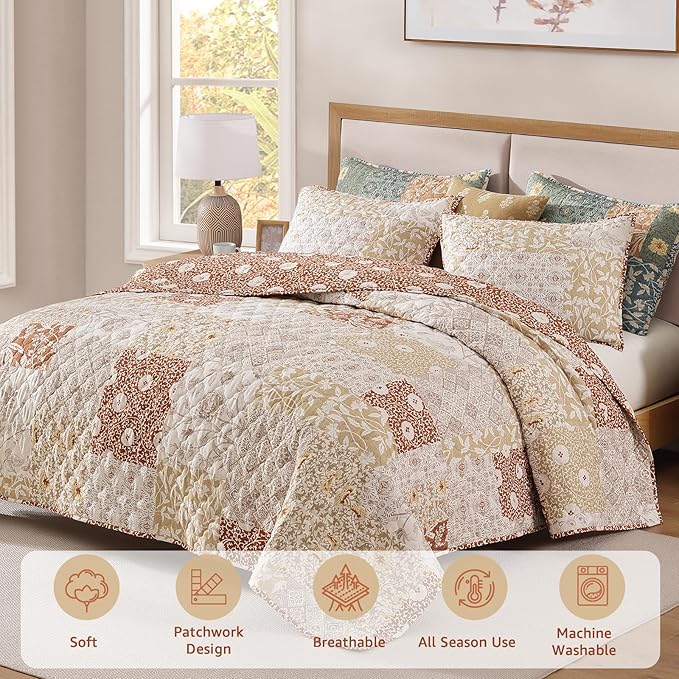 Twin Quilt Set-2 Pieces Soft Twin Bedspread Floral Patchwork Quilt | Lightweight Terracotta Quilt, Reversible Vintage Floral Bedding Set, All Season Bed Coverlet with 1 Pillow Sham, 66"x92"