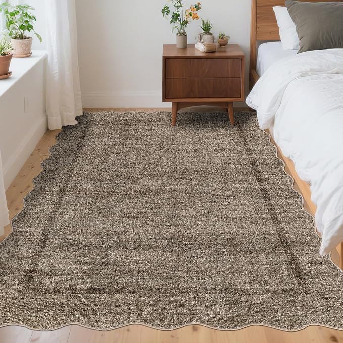 GarveeHome Scalloped Living Room Rug 5x7 Washable Non Slip, Taupe | Modern Area Rug for Bedroom Traditional Kids Rug Throw Rugs Soft Low Pile Stain Resistant Carpet for Dining Room 5 ft x7 ft
