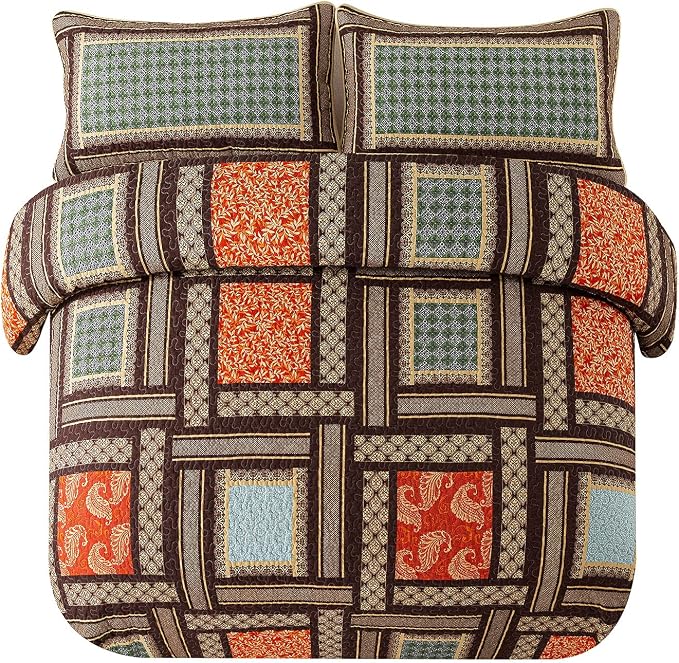 Cotton Patchwork Bedspread, 3-Piece Bedding Quilt Set with Real Stitched Embroidery, Reversible Matelasse Bed Coverlet Set,Bohemian Farmhouse,Twin Size