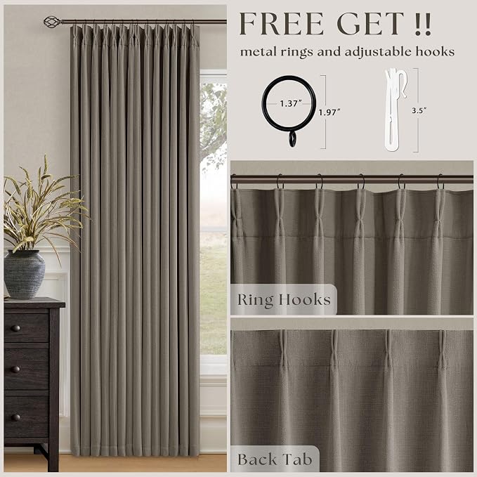Taupe Pleated Linen Blackout Curtains 84 Inch Long for Bedroom Living Room | Pinch Pleat Ring Hooks Back Tab, Black Out, Thermal Insulated, Room Darkening, Brownish Gray 84 Inch Curtains with Liner
