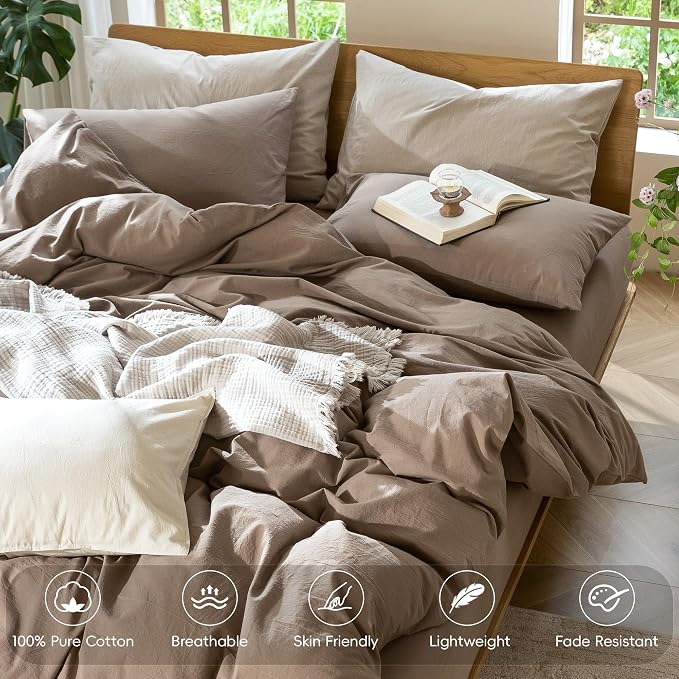 MooMee Duvet Cover Set 100% Washed Cotton Linen Like Cal King | Relaxed Linen-like Texture. Soft, Breathable & Long-lasting Comfort. Lightweight. Hidden Zipper with 8 Interior Corner Ties