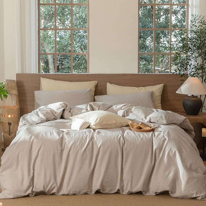 MooMee Striped Duvet Cover Set 100% Washed Cotton Linen Like King | Relaxed Linen-like Texture. Soft, Breathable & Long-lasting Comfort. Lightweight. Hidden Zipper with 8 Interior Corner Ties