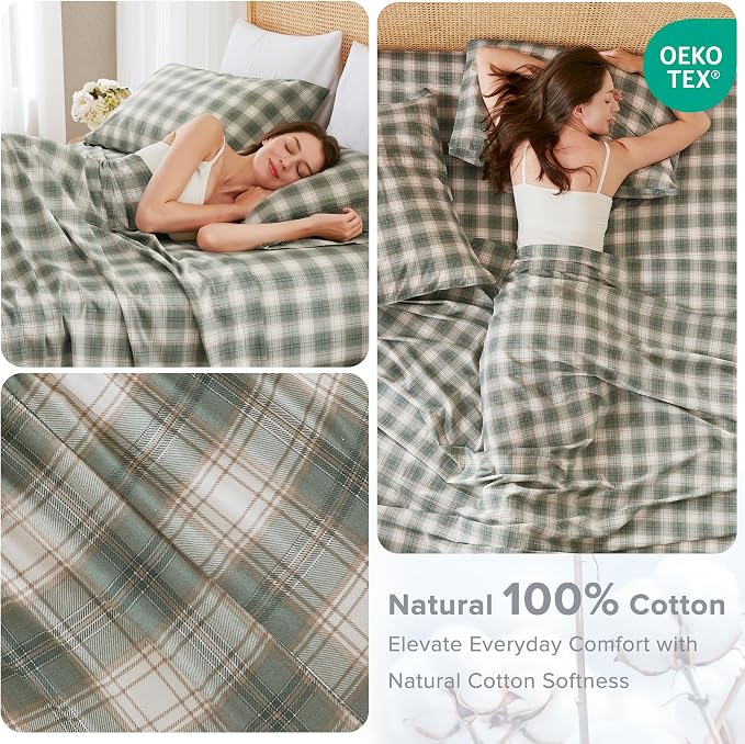 Comfort Spaces 100% Cotton Percale Sheets Twin XL Size 3 Pcs, Wesley Green | Crisp, Cool & Breathable Bed Sheets, 12" Deep Pocket Fits Up to 14" Mattress, Lightweight, All Season Cozy, with Pillow Case