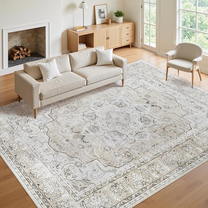 8x10 Washable Area Rugs for Living Room Beige White Non-Slip Rug | Vintage Medallion Rug，Soft Low Pile Large Rugs，Indoor Retro Carpet for Bedroom Nursery Dining Table Farmhouse Home Office