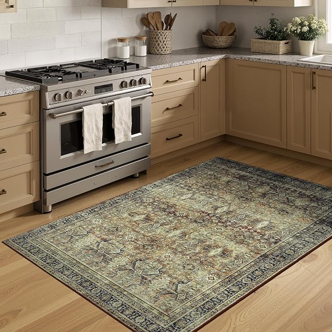 4x6 Area Rugs for Entryway, Brown Washable Non-Slip Area Rug for Kitchen | Low Pile Soft Small Rugs, Vintage-Style Carpet for Bathroom Bedroom Tool Room, Stain Resistant, Foldable Distressed Rug