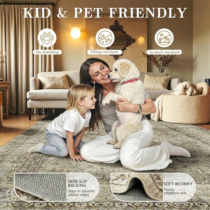 8x10 Area Rugs for Living Room - Washable Vintage Retro Large Rug, Soft Ultra Thin Non Slip Low Pile Traditional Distressed Boho Carpet for Bedroom Dining Room Home Office, Beige Brown